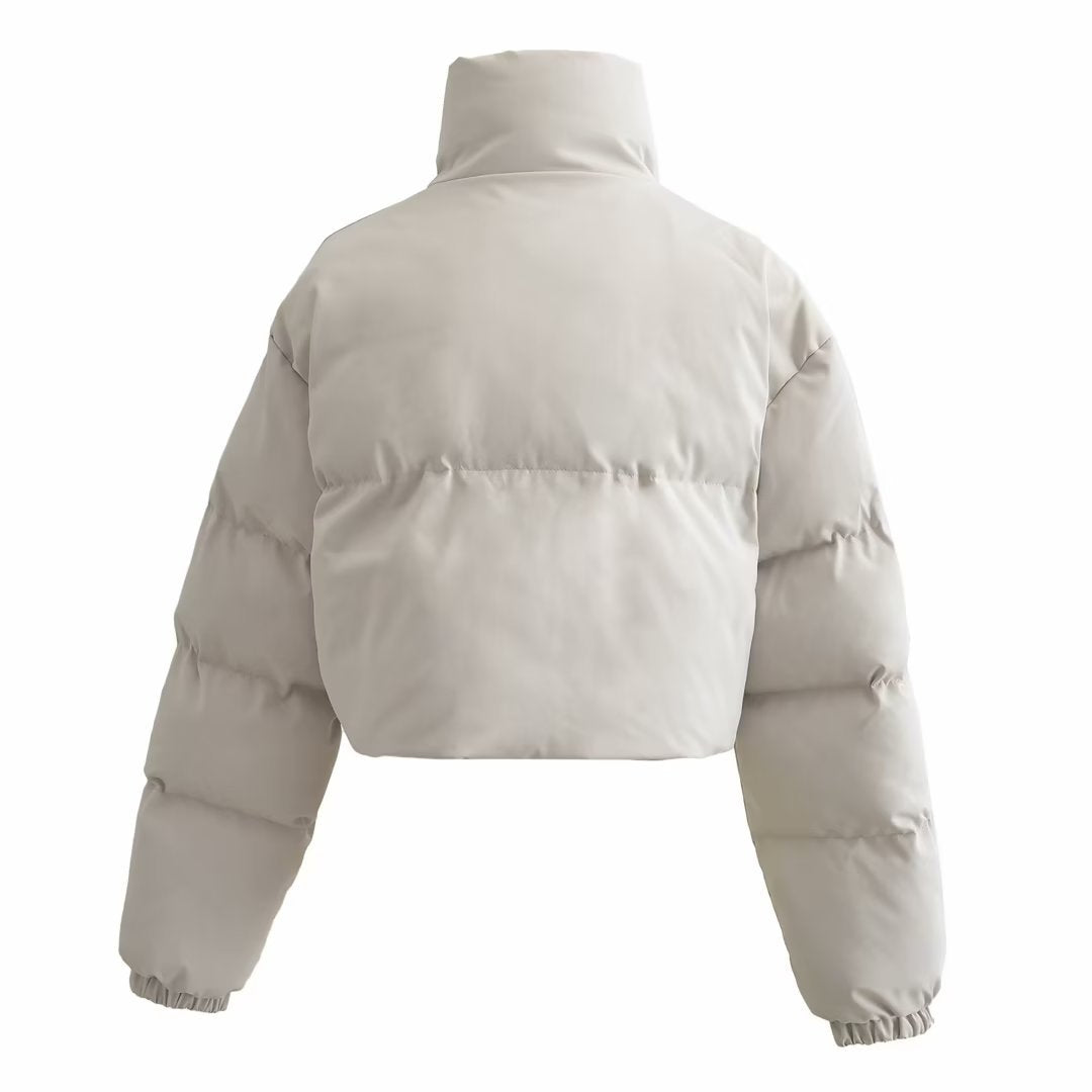 Back view of a beige Urban Fashion & Streetwear | Craftklart cropped puffer jacket with a high stand-up collar.
