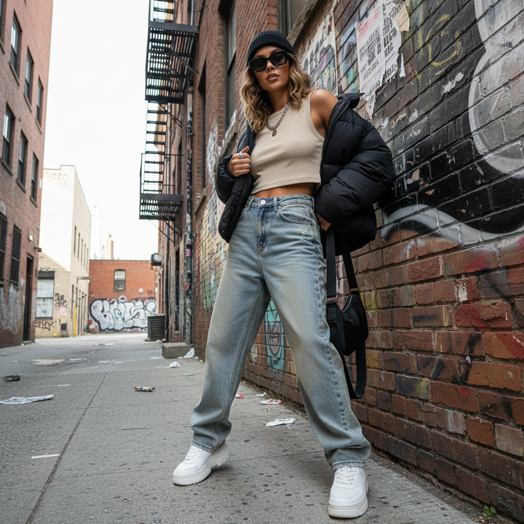 Urban Fashion & Streetwear | Craftklart beige cropped tank top worn by a woman with a puffer jacket and jeans