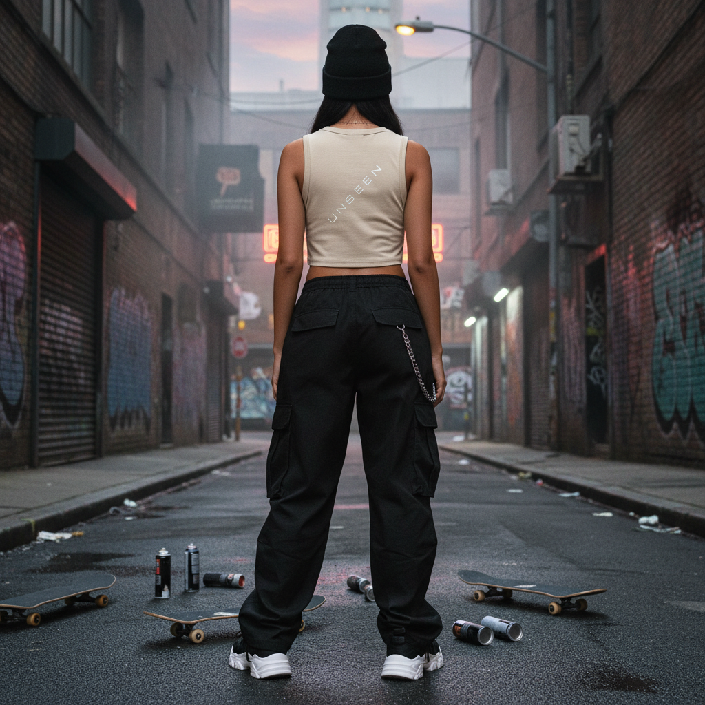 Urban Fashion & Streetwear | Craftklart beige cropped tank top with UNSEEN graphic on back worn by woman in alleyway