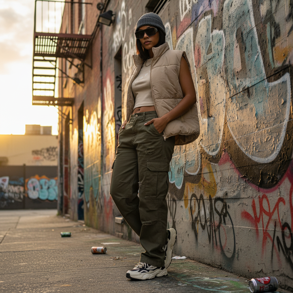 Urban Fashion & Streetwear | Craftklart beige cropped tank top worn by a woman in a puffer vest and cargo pants