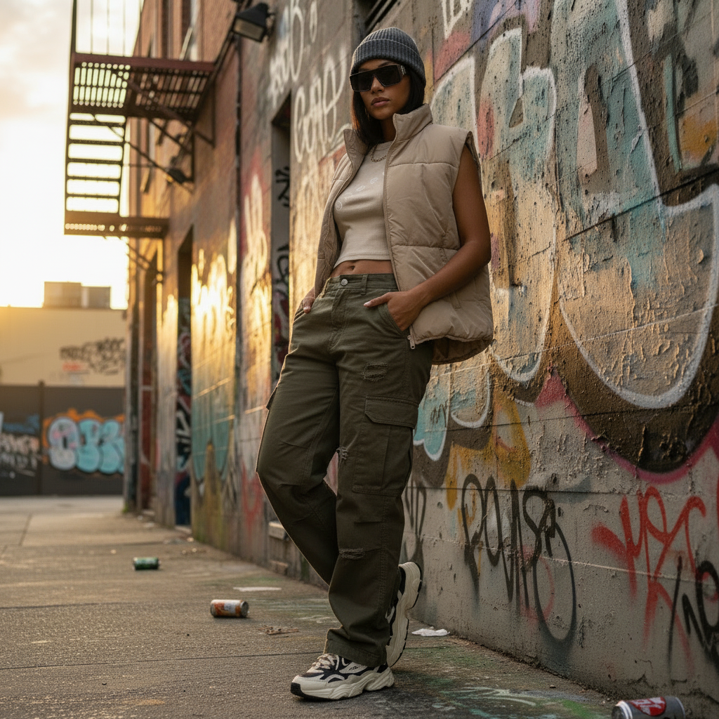 Urban Fashion & Streetwear | Craftklart beige cropped tank top worn under a puffer vest with cargo pants in an alley