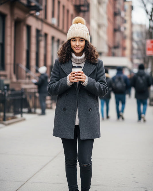 Woman wearing an Urban Fashion & Streetwear | Craftklart beige cable-knit pom-pom beanie on a city street