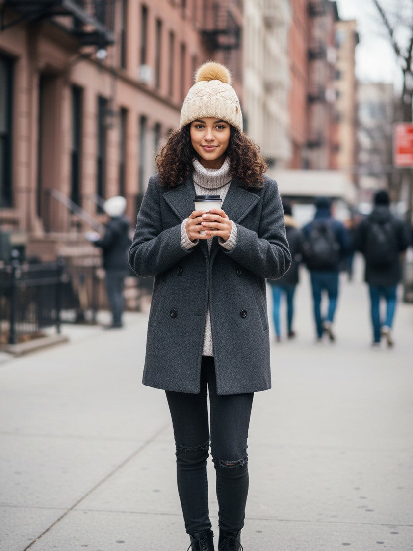 Woman wearing an Urban Fashion & Streetwear | Craftklart beige cable-knit pom-pom beanie on a city street
