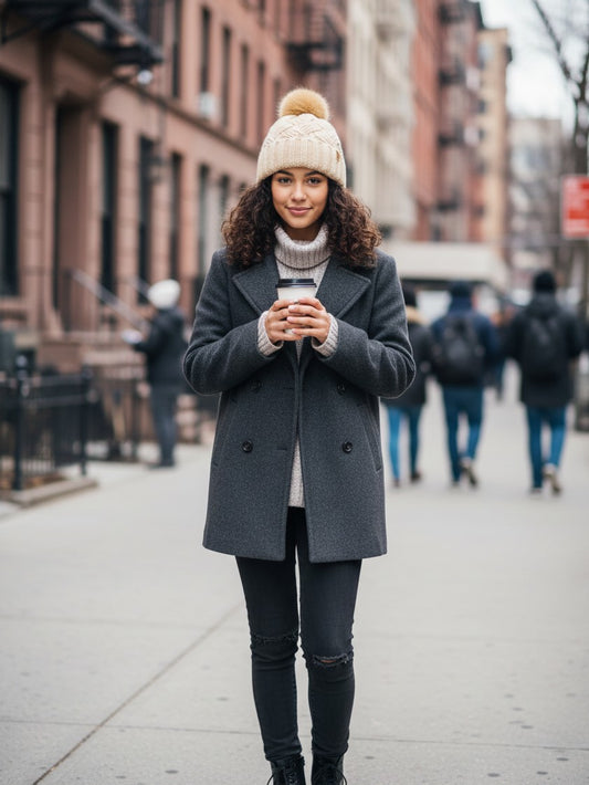 Woman wearing an Urban Fashion & Streetwear | Craftklart beige cable-knit pom-pom beanie on a city street