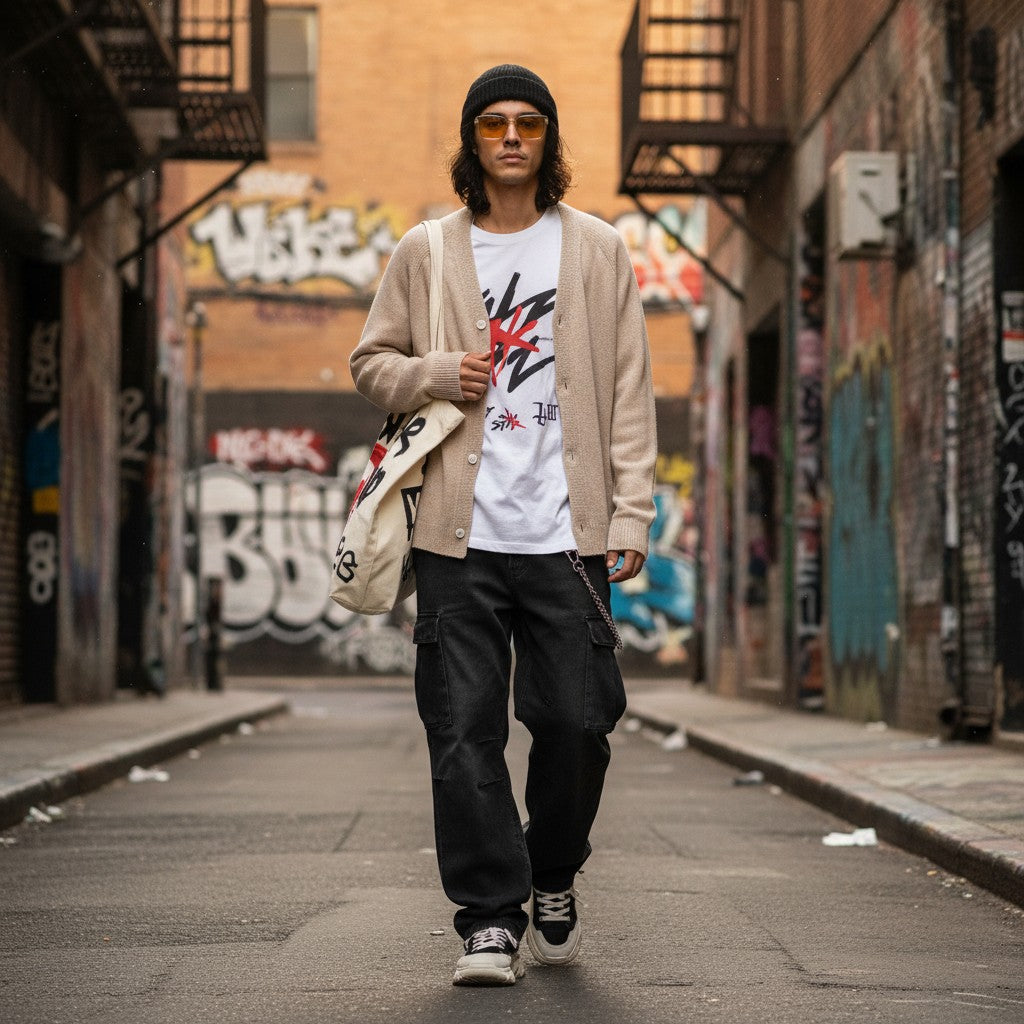 Urban Fashion & Streetwear | Craftklart beige V-neck knit cardigan worn by a man in a graffiti-covered alleyway.