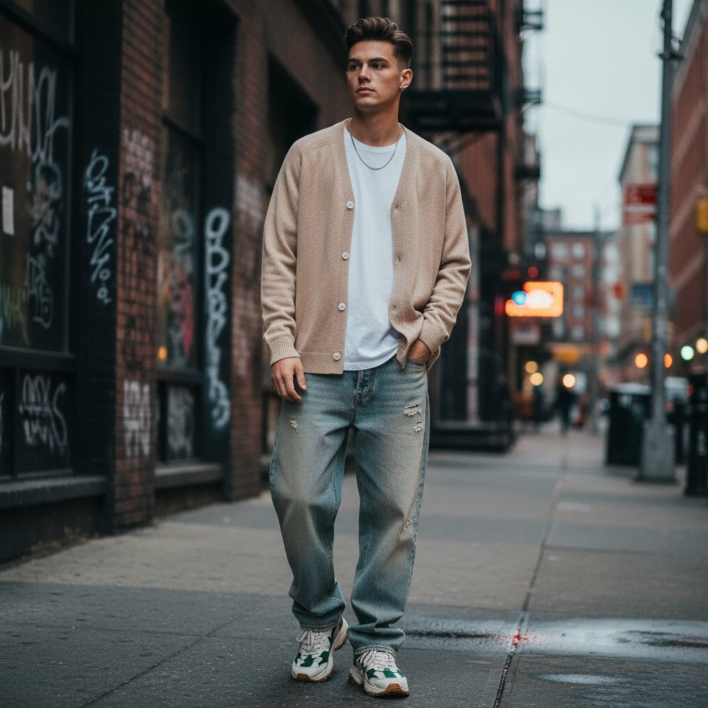Urban Fashion & Streetwear | Craftklart beige V-neck knit cardigan worn by a man with jeans on a city street