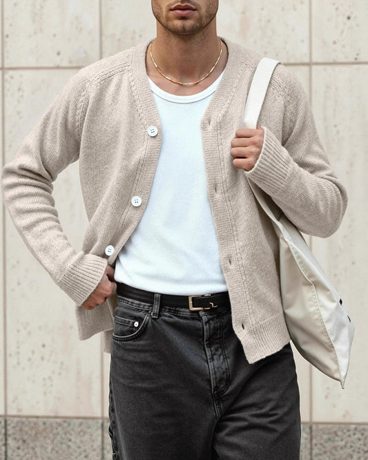Urban Fashion & Streetwear | Craftklart beige V-neck knit cardigan with button-front closure and ribbed cuffs.