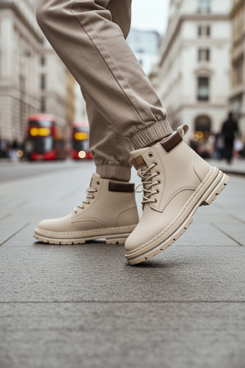 Urban Fashion & Streetwear | Craftklart beige lace-up ankle boots with a rugged lug sole and brown collar detail.