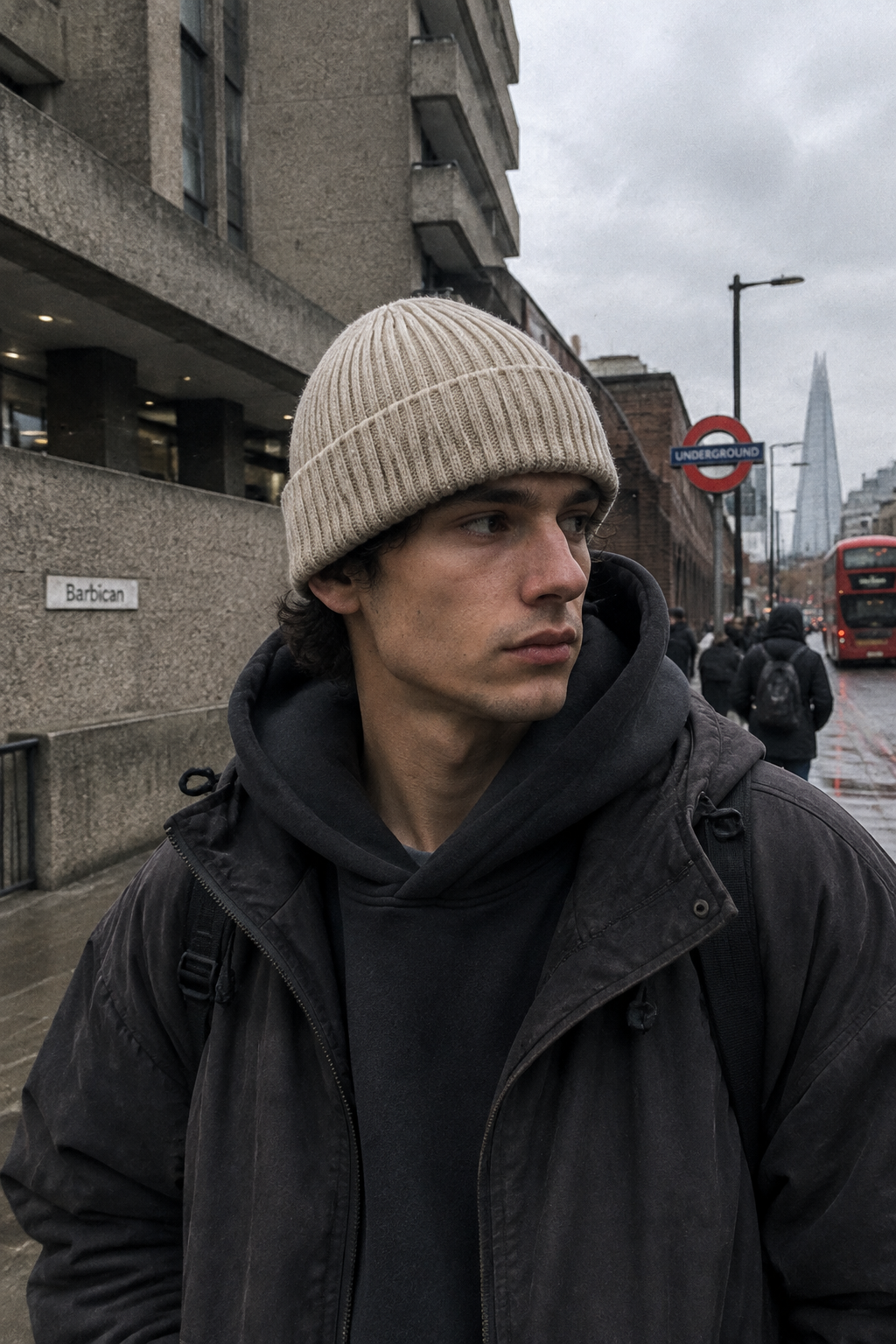 Beige ribbed knit winter beanie hat by C R A F T K L A R T, featuring a snug fit and stylish urban streetwear design.