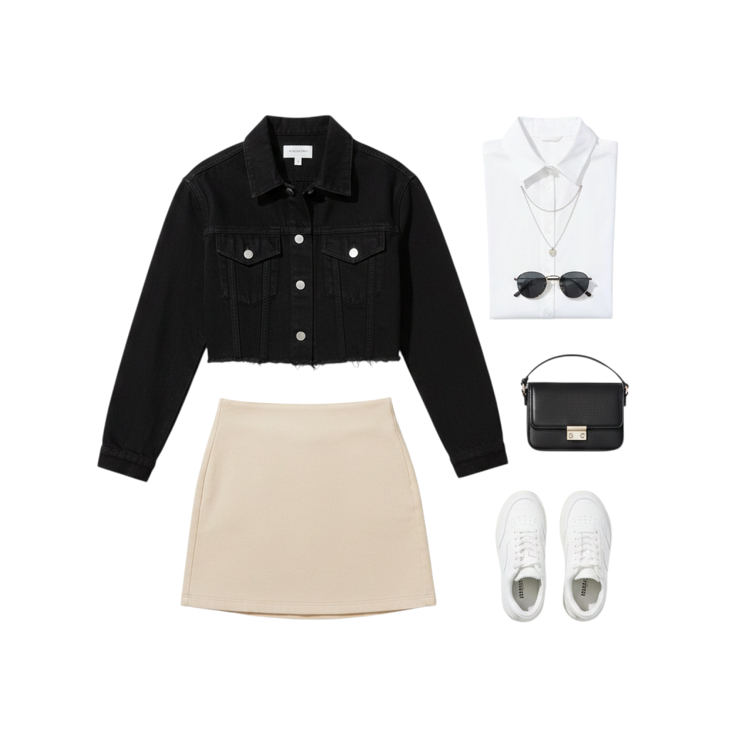 Urban Fashion & Streetwear | Craftklart beige mini skirt styled with a black denim jacket, white shirt, and sneakers.