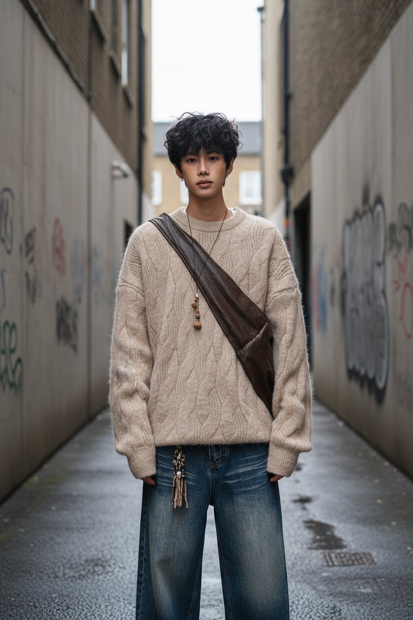 Urban Fashion & Streetwear | Craftklart oversized beige textured cable-knit crewneck sweater worn by a young man.