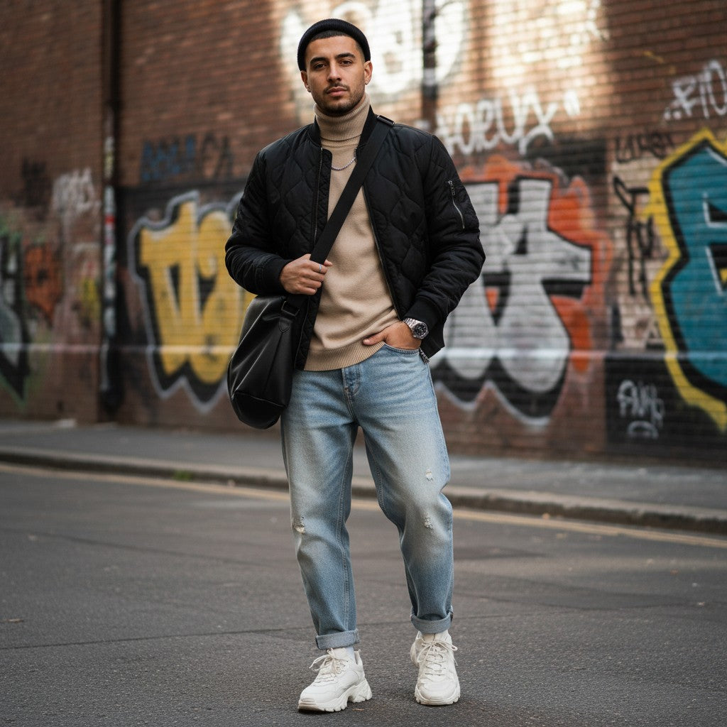 Urban Fashion & Streetwear | Craftklart beige ribbed turtleneck sweater worn by a man with a black bomber jacket