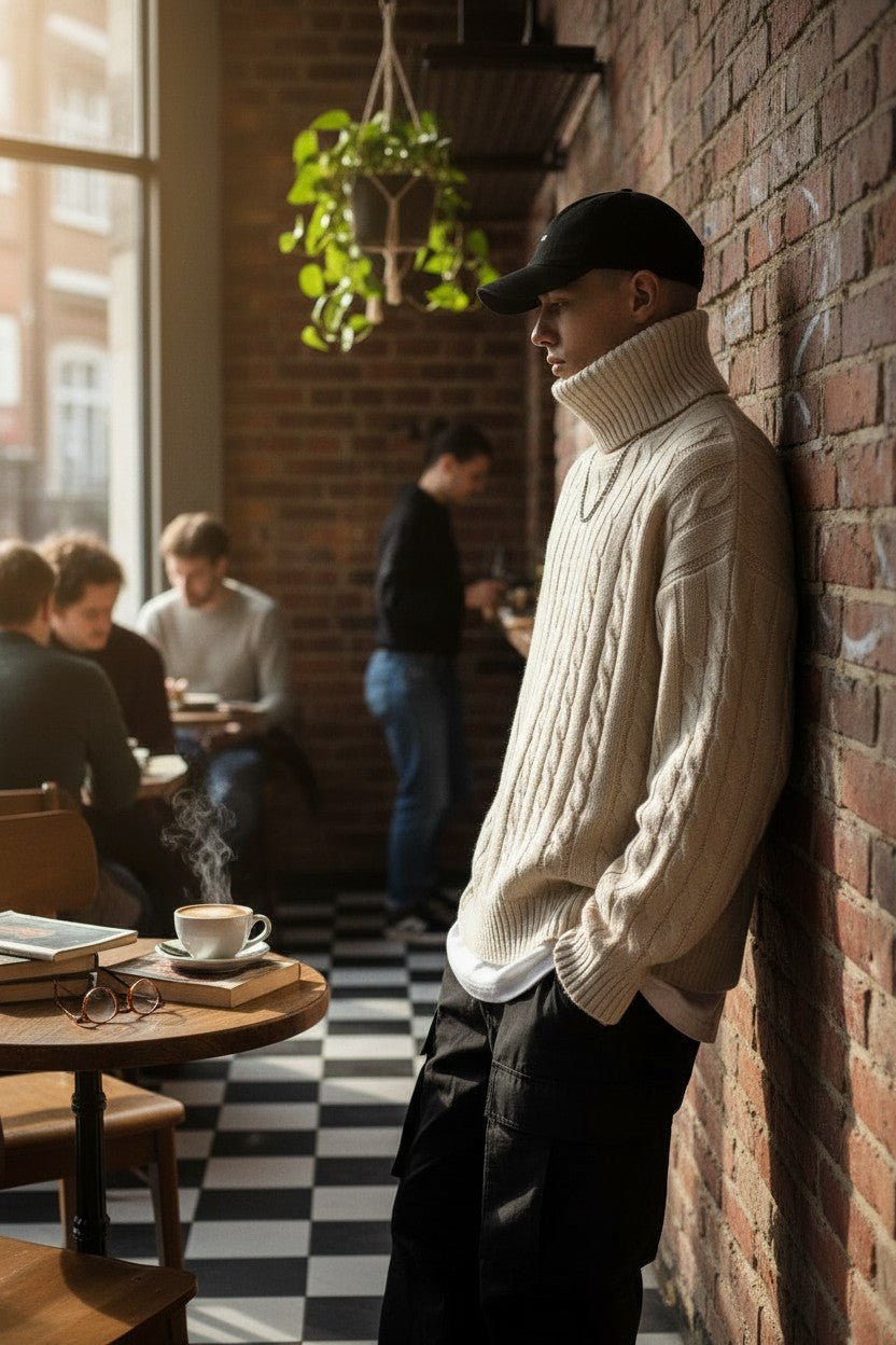 Urban Fashion & Streetwear | Craftklart men's beige cable knit turtleneck sweater worn in a rustic cafe setting.