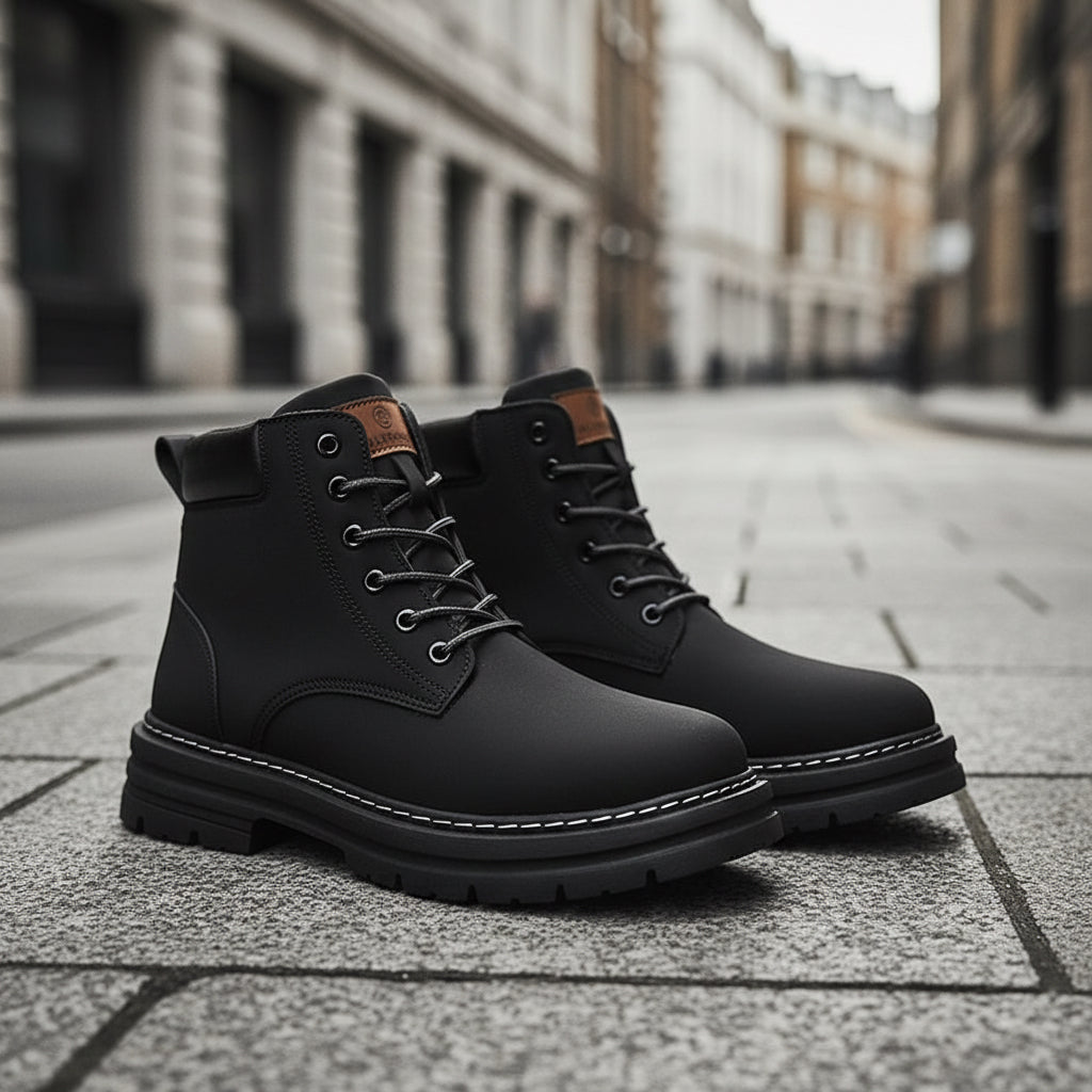Urban Fashion & Streetwear | Craftklart black lace-up ankle boots with a rugged lug sole and contrast stitching.