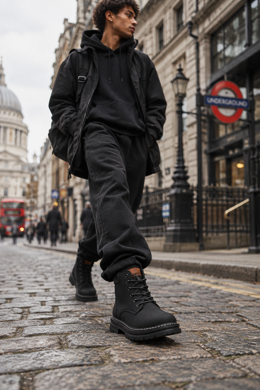 Black Rugged Lace Up Ankle Boots from Urban Fashion & Streetwear Craftklart, featuring sturdy design and lace-up closure.