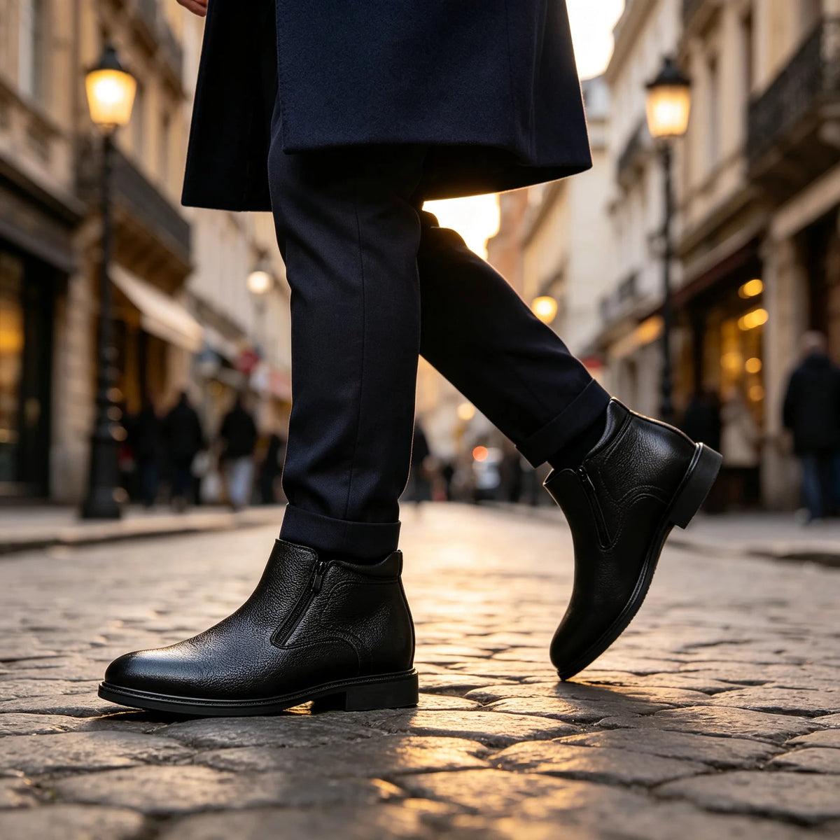Urban Fashion & Streetwear | Craftklart men's black faux leather ankle boots with side zipper on a cobblestone street