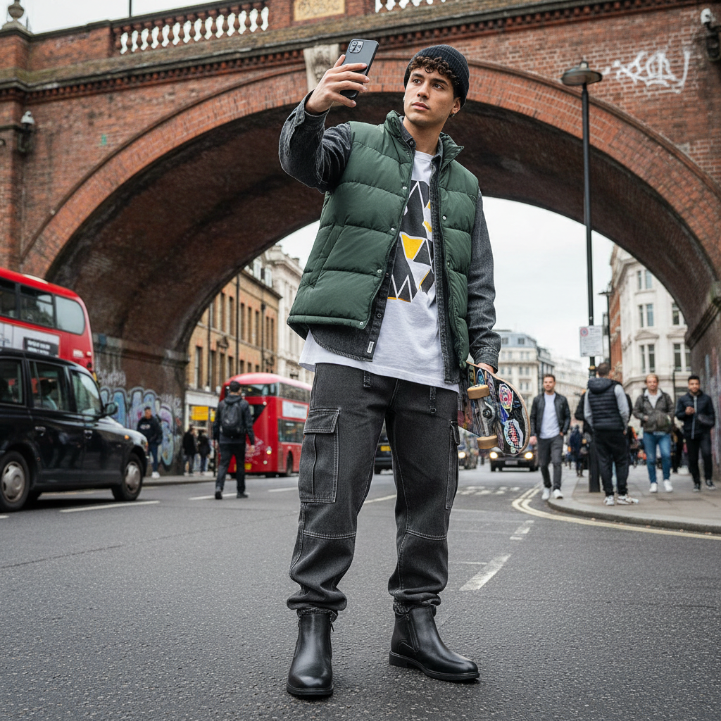 Urban Fashion & Streetwear | Craftklart men wearing black faux leather ankle boots with a green vest and cargo pants