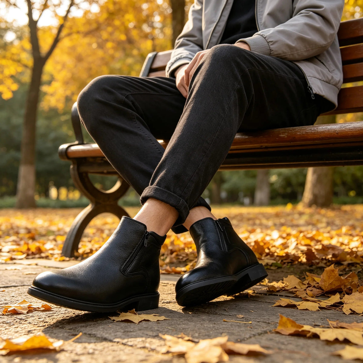 Urban Fashion & Streetwear | Craftklart men's black faux leather ankle boots with side zippers worn in a park