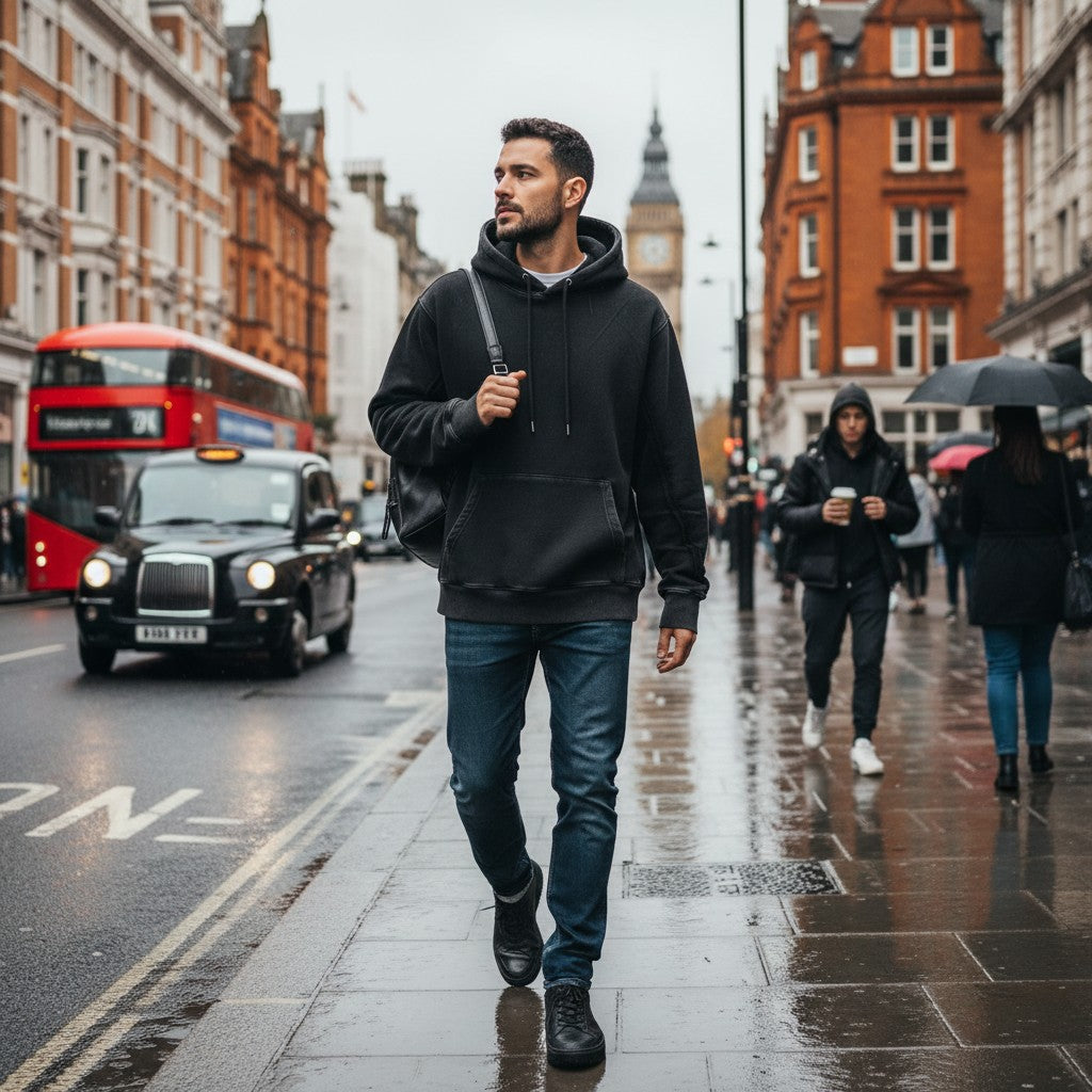 A man wearing an Urban Fashion & Streetwear | Craftklart black asymmetric zip-up hoodie walking on a rainy London street