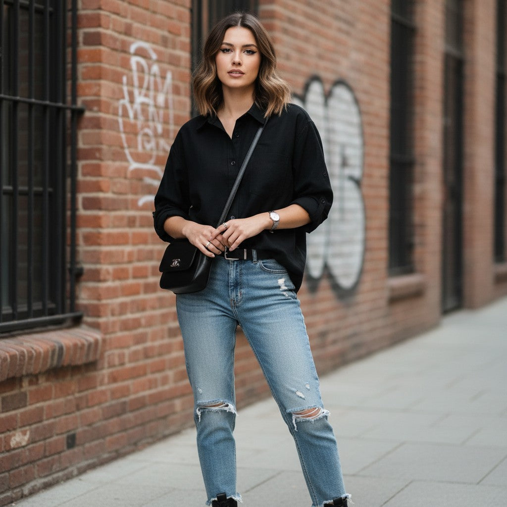 Urban Fashion & Streetwear | Craftklart black long sleeve button-up shirt worn by a woman with distressed blue jeans