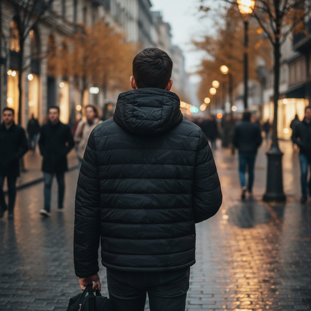 Urban Fashion & Streetwear | Craftklart black camouflage polyester puffer jacket with hood worn on a city street