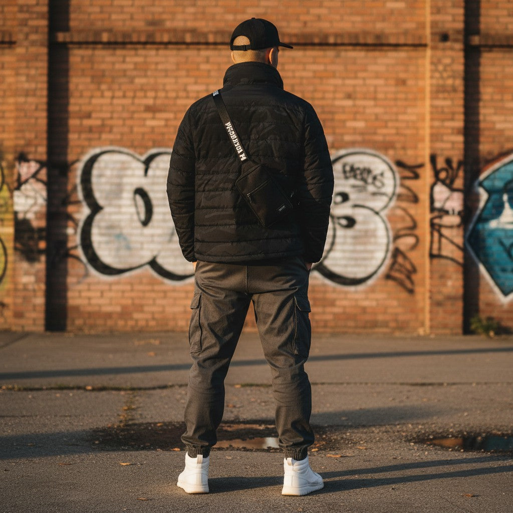 Man wearing Urban Fashion & Streetwear | Craftklart black camouflage puffer jacket with a crossbody bag outdoors