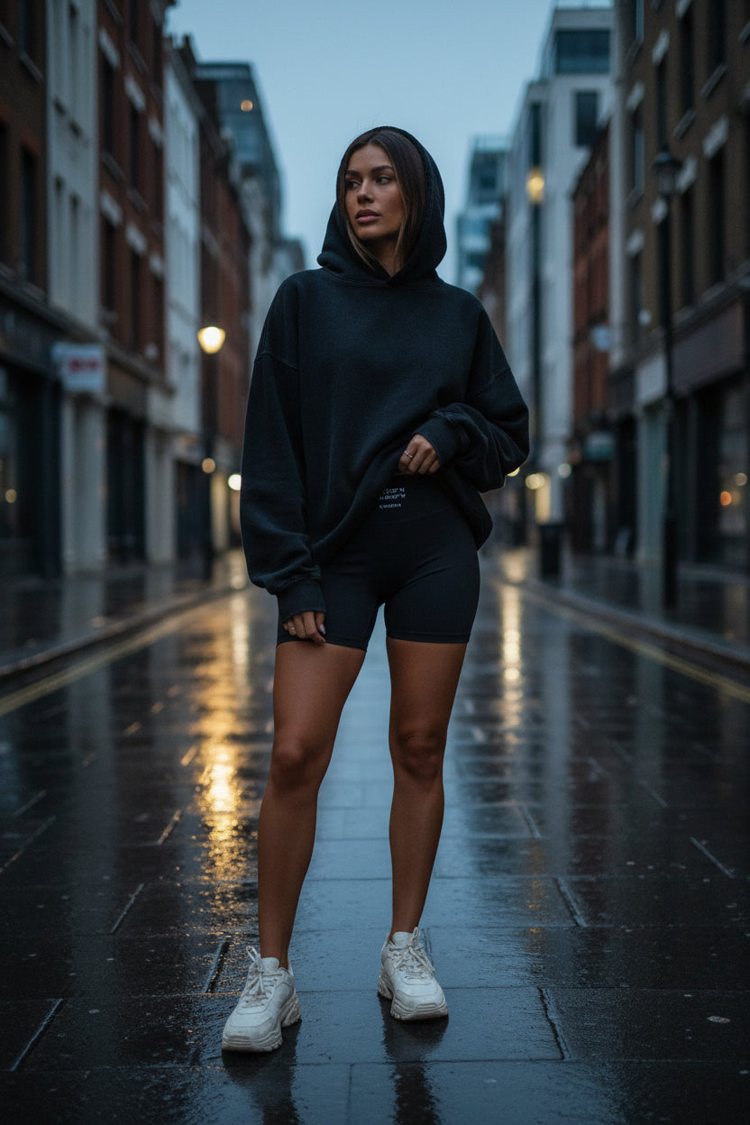 Urban Fashion & Streetwear | Craftklart high-waisted black compression yoga shorts with coordinates print