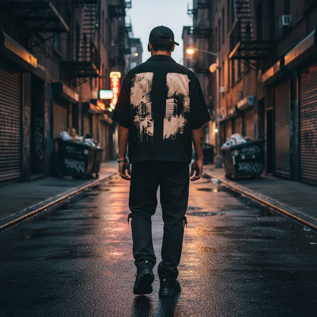 Urban Fashion & Streetwear | Craftklart black cotton crop shirt with graphic print worn in a city alleyway