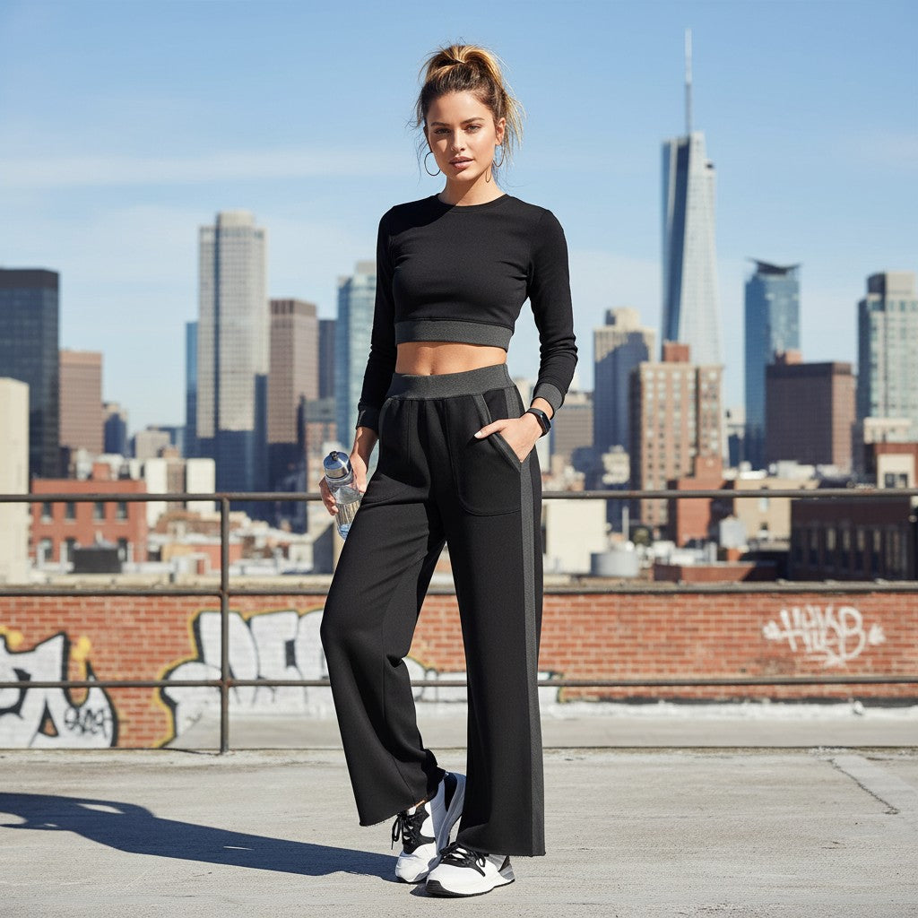 Urban Fashion & Streetwear | Craftklart women's black cotton color block sweatpants with raw hem on a city rooftop