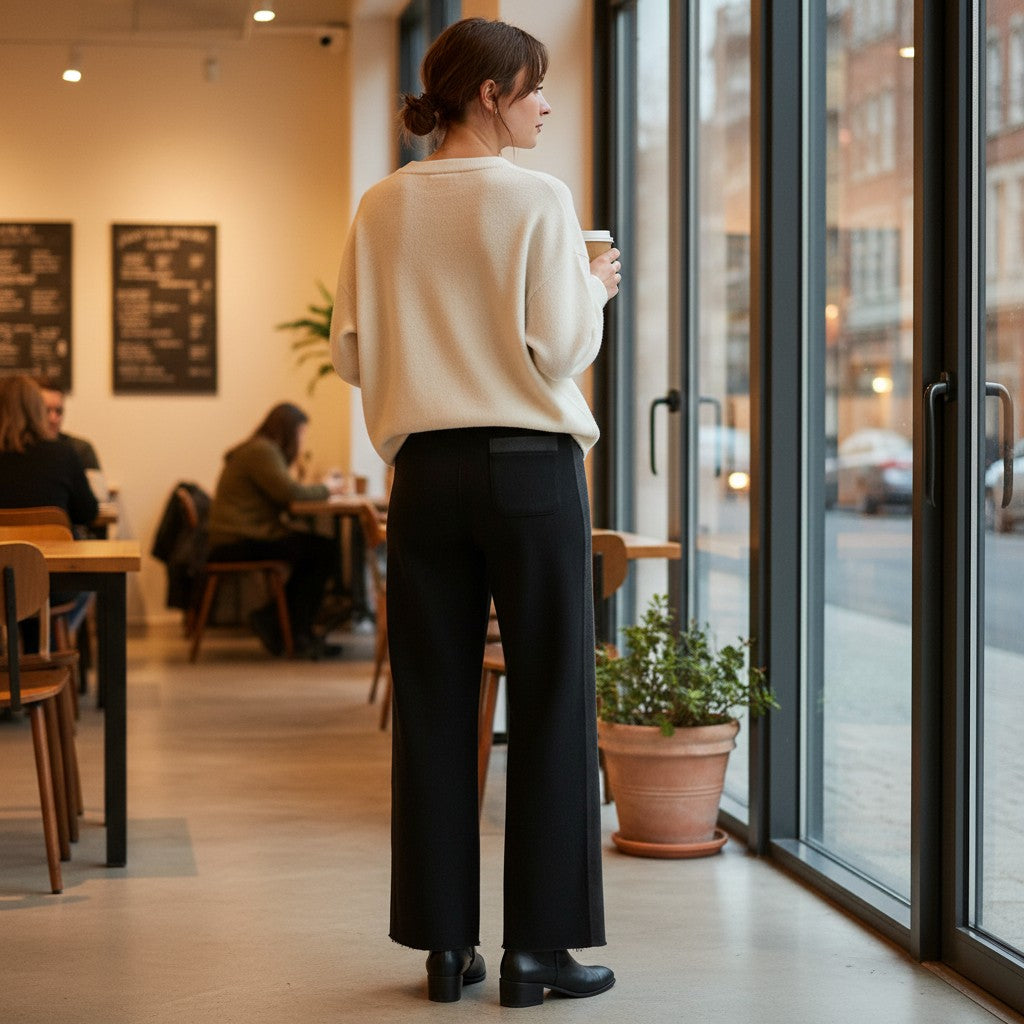 Urban Fashion & Streetwear | Craftklart women's black cotton color block sweatpants with a raw hem in a cafe setting