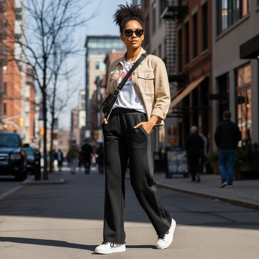 Urban Fashion & Streetwear | Craftklart women's black cotton color block sweatpants with a raw hem in a city setting