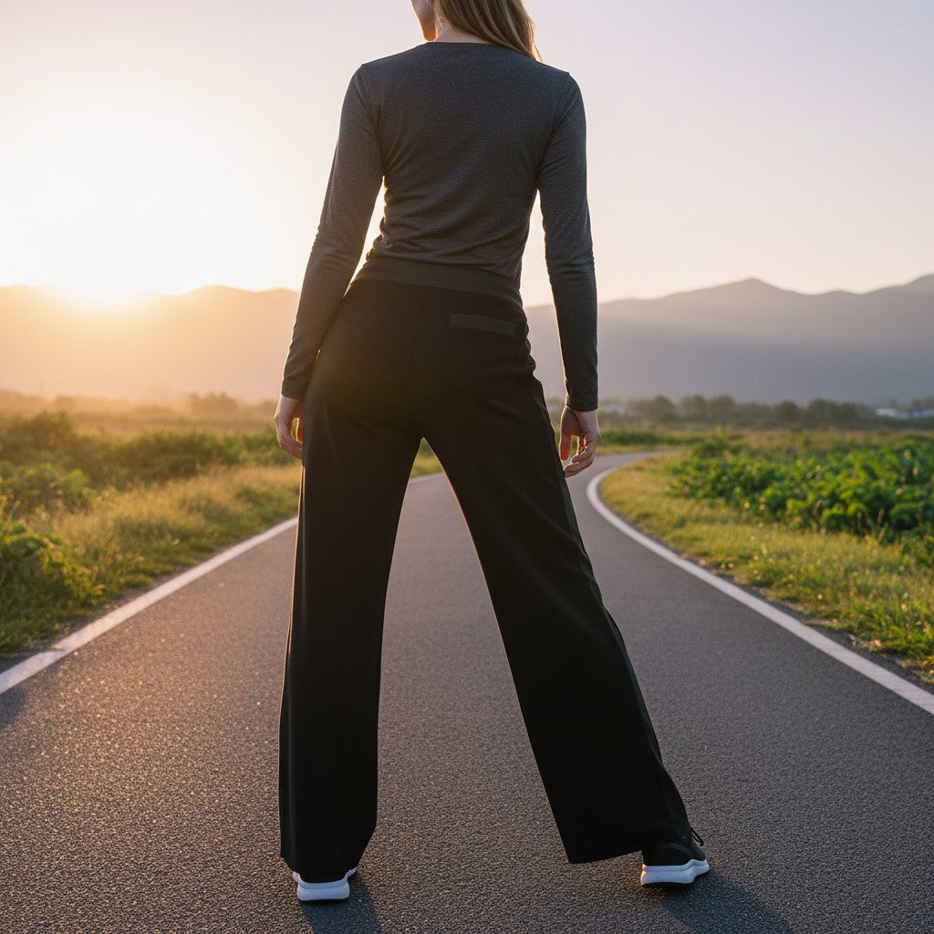 Urban Fashion & Streetwear | Craftklart women's black cotton sweatpants with a loose fit standing on a rural road