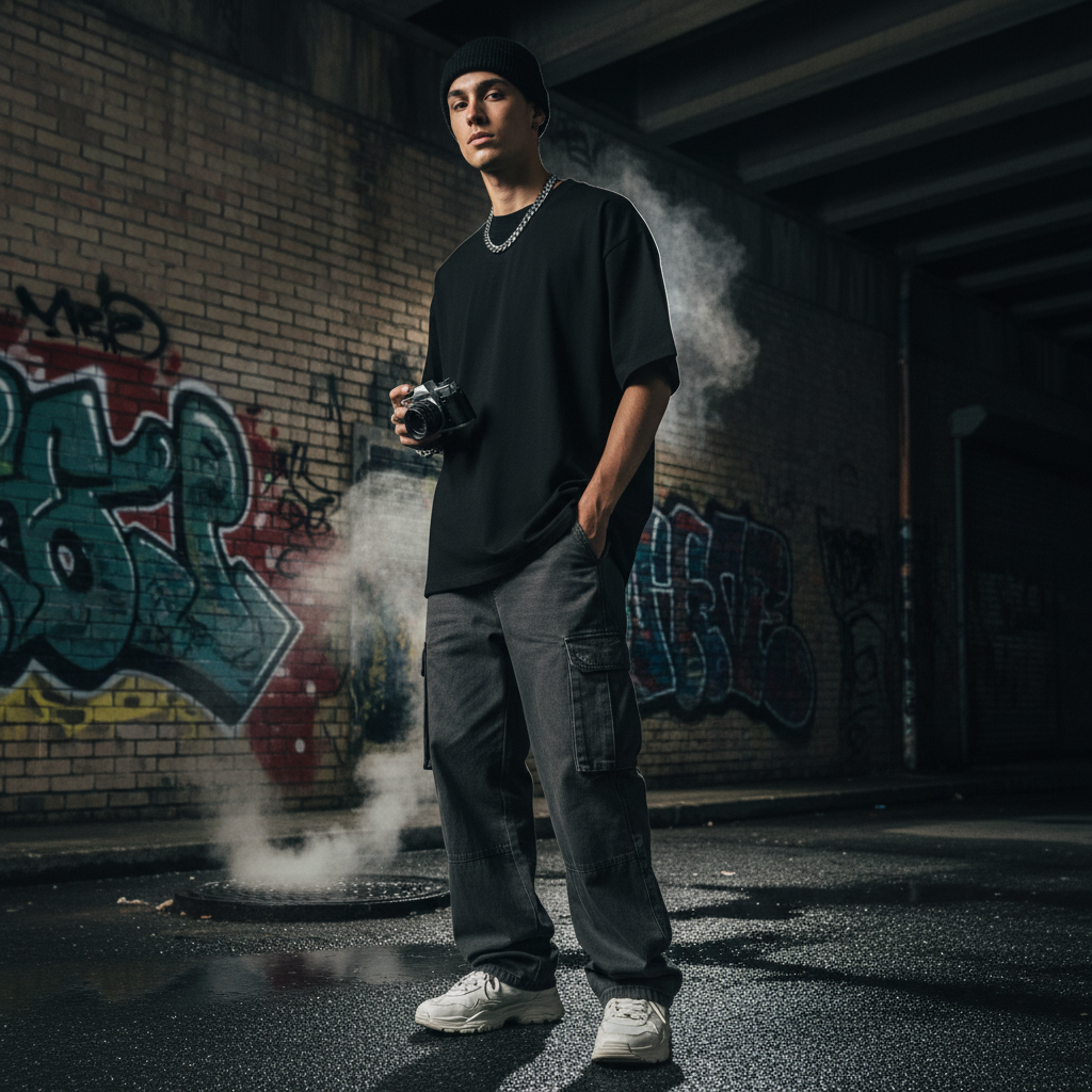 Urban Fashion & Streetwear | Craftklart heavyweight black cotton crewneck t-shirt worn by a man in an urban setting.