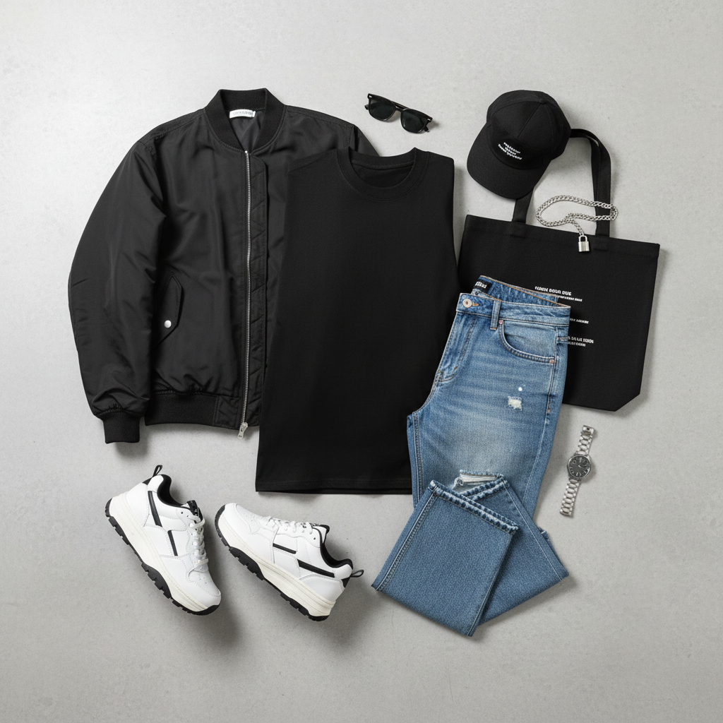 Urban Fashion & Streetwear | Craftklart black cotton t-shirt styled with a bomber jacket, jeans, and accessories.