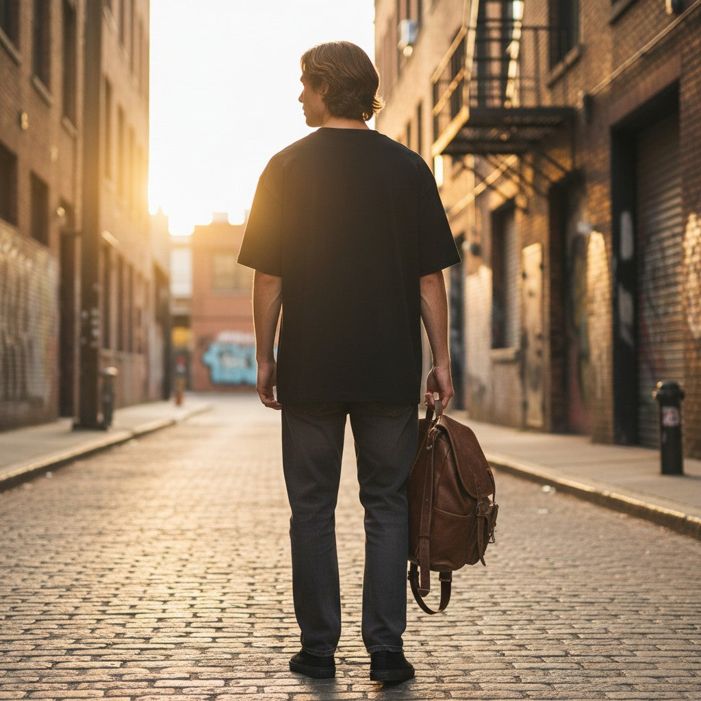 Urban Fashion & Streetwear | Craftklart black heavyweight cotton t-shirt worn by a man in an urban alleyway.