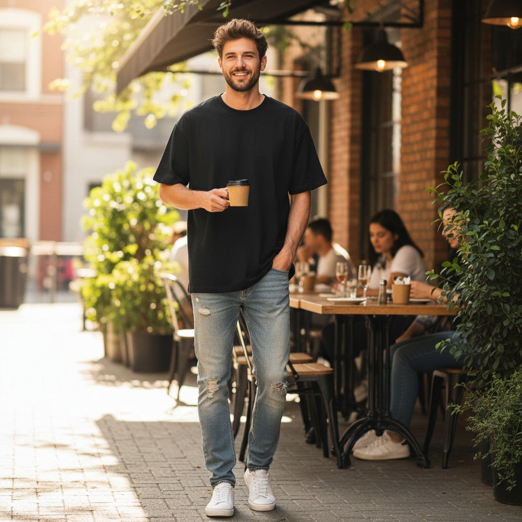 Urban Fashion & Streetwear | Craftklart black heavyweight cotton t-shirt worn by a man holding a coffee outdoors