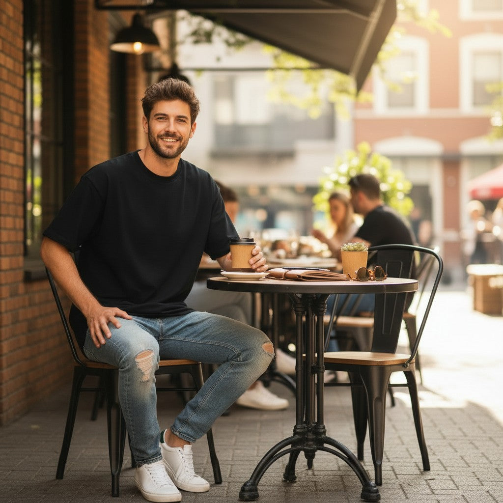 A smiling man wearing a black Urban Fashion & Streetwear | Craftklart heavyweight cotton t-shirt at an outdoor cafe.