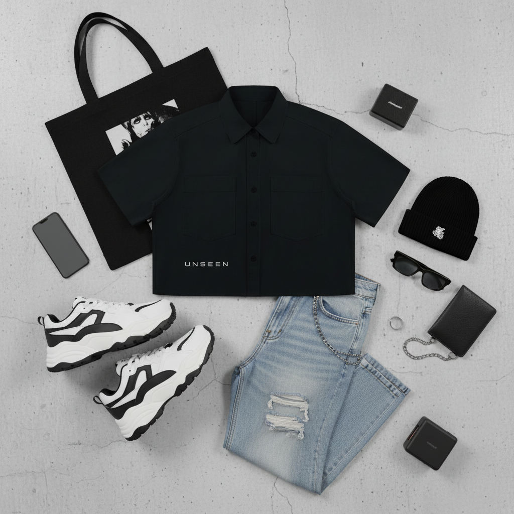 Urban Fashion & Streetwear | Craftklart black cotton crop shirt with lapel collar and pocket, styled with accessories.