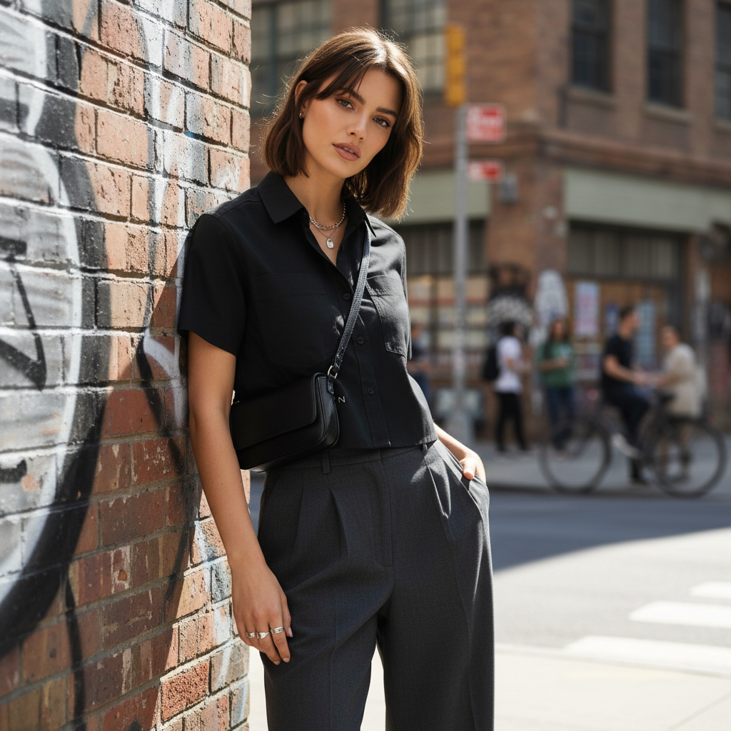 Urban Fashion & Streetwear | Craftklart black cotton crop shirt with lapel collar and pocket worn by a woman outdoors