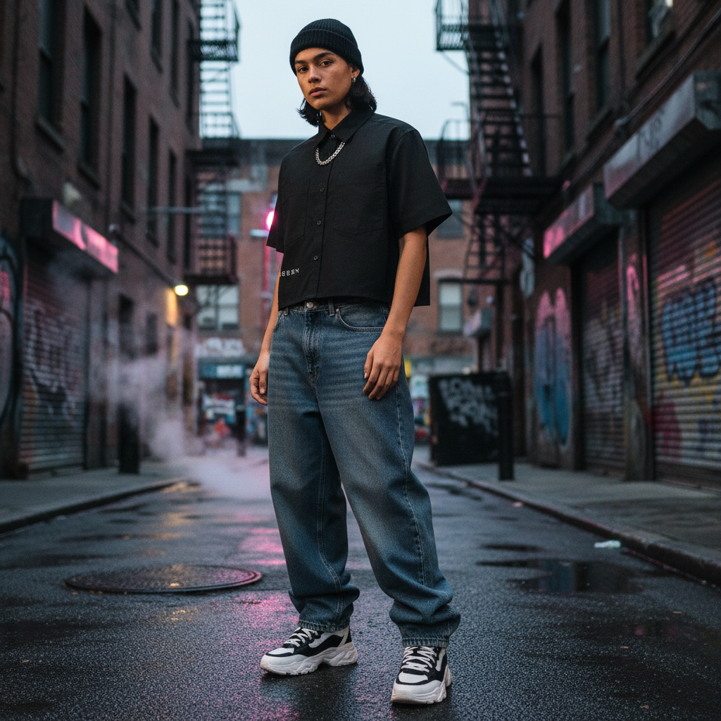 Urban Fashion & Streetwear | Craftklart black cotton crop shirt with lapel collar worn by a model in a city alleyway
