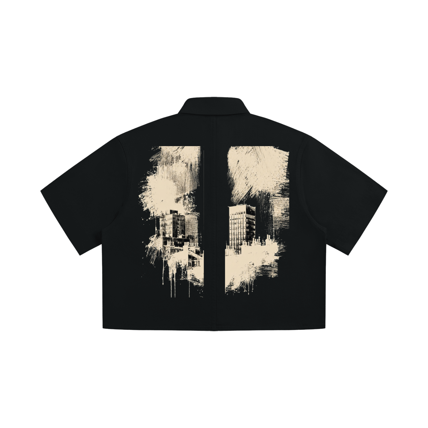 Urban Fashion & Streetwear | Craftklart black cotton crop shirt with a white distressed city building graphic print