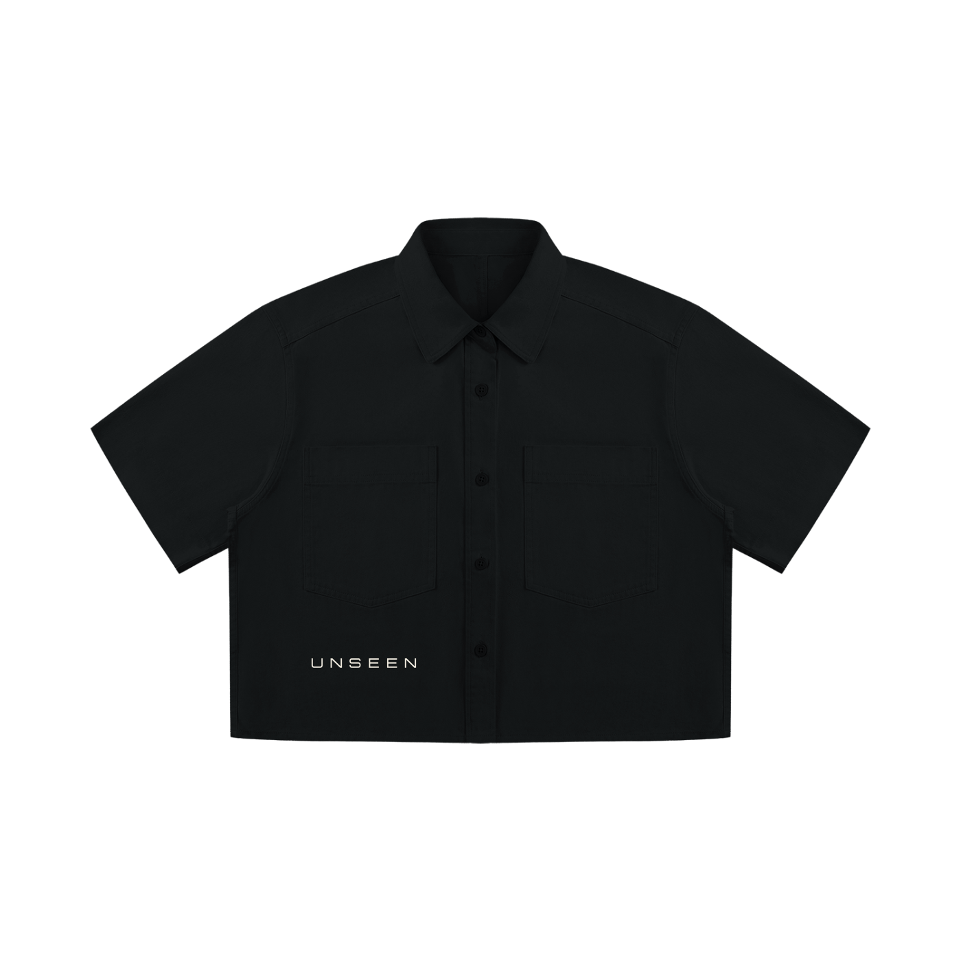 Urban Fashion & Streetwear | Craftklart black cotton crop shirt with short sleeves, lapel collar, and front pockets.