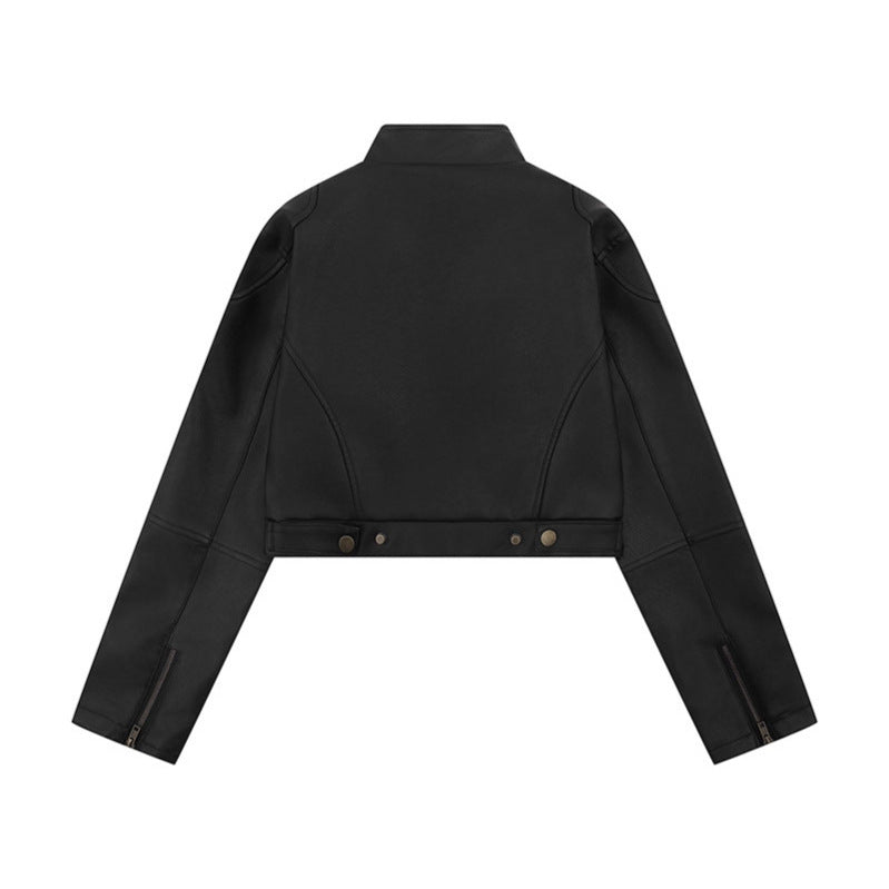 Back view of Urban Fashion & Streetwear | Craftklart black cropped cotton jacket with stand collar and zipper cuffs