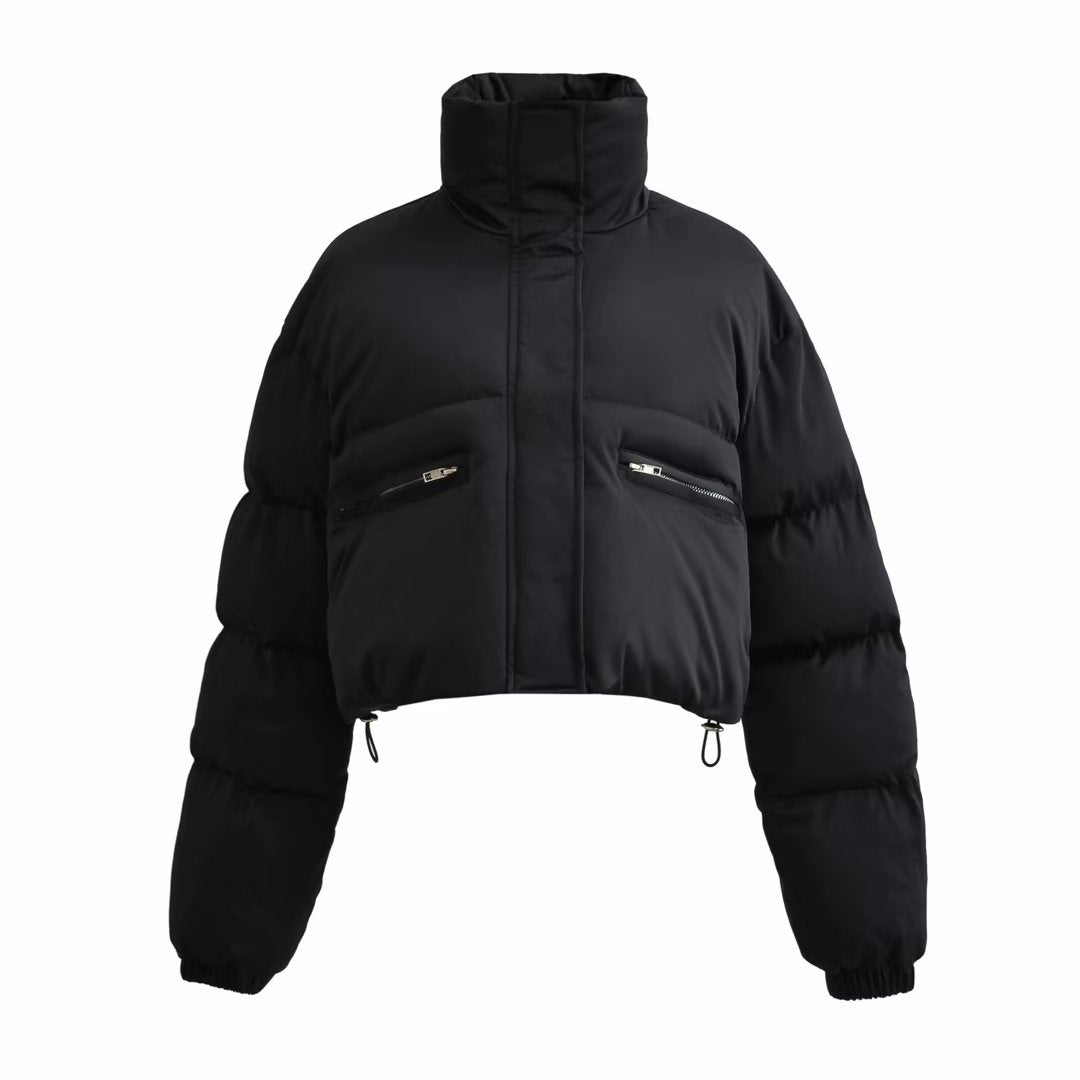 Urban Fashion & Streetwear | Craftklart black cropped puffer jacket with high collar and zippered side pockets