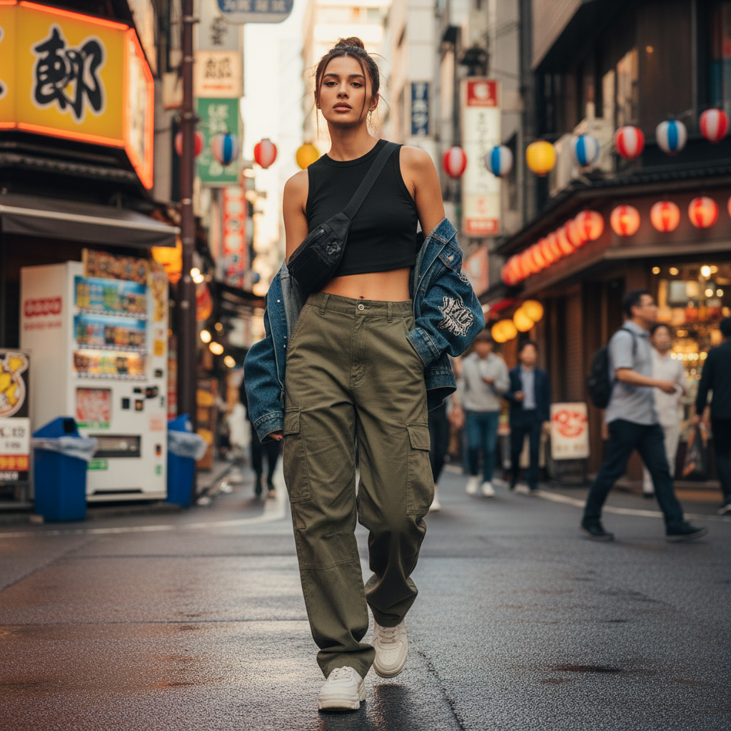 Urban Fashion & Streetwear | Craftklart black cropped tank top worn by a woman with a denim jacket in a city street