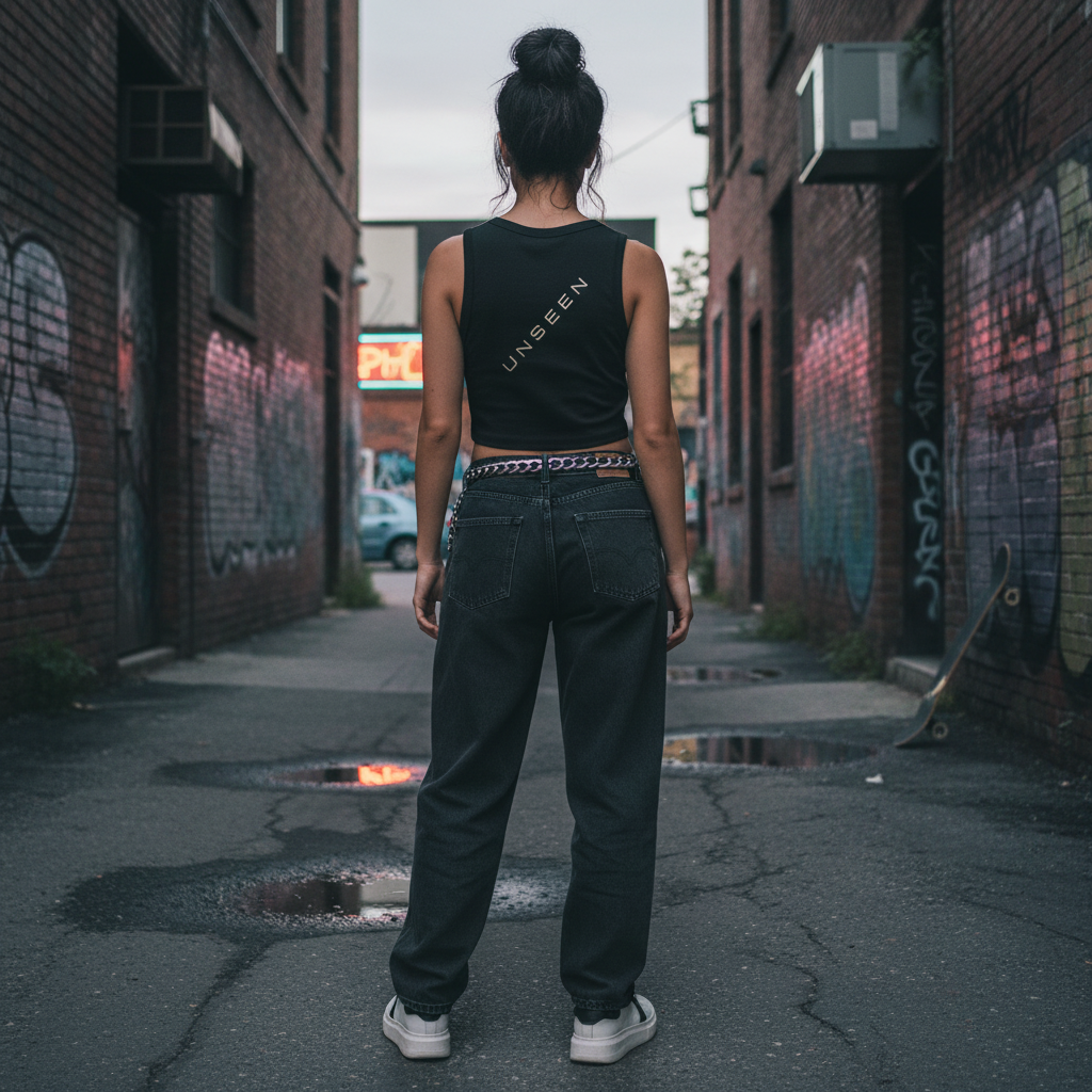 Urban Fashion & Streetwear | Craftklart black cropped tank top with UNSEEN back graphic worn by a woman in an alley