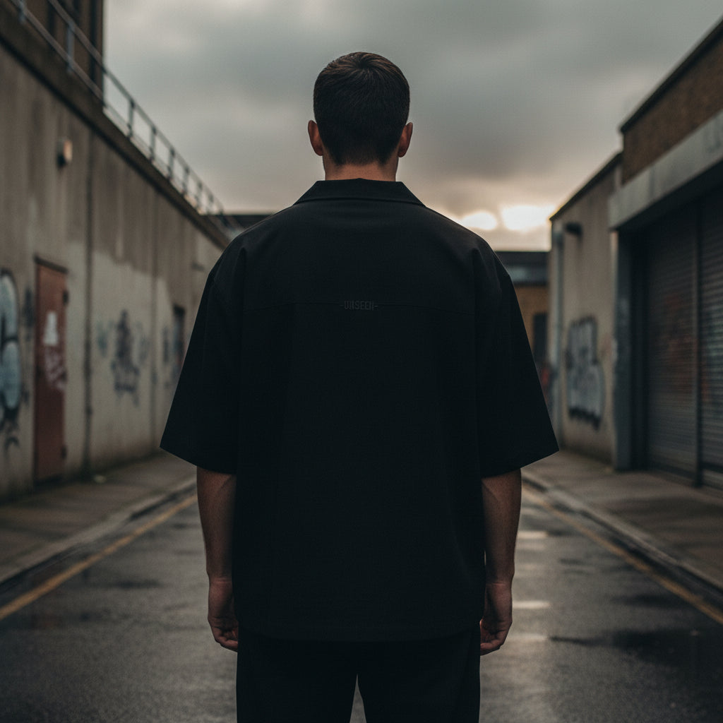 Back view of a black Urban Fashion & Streetwear | Craftklart cotton Cuban collar t-shirt with subtle UNSEEN branding.