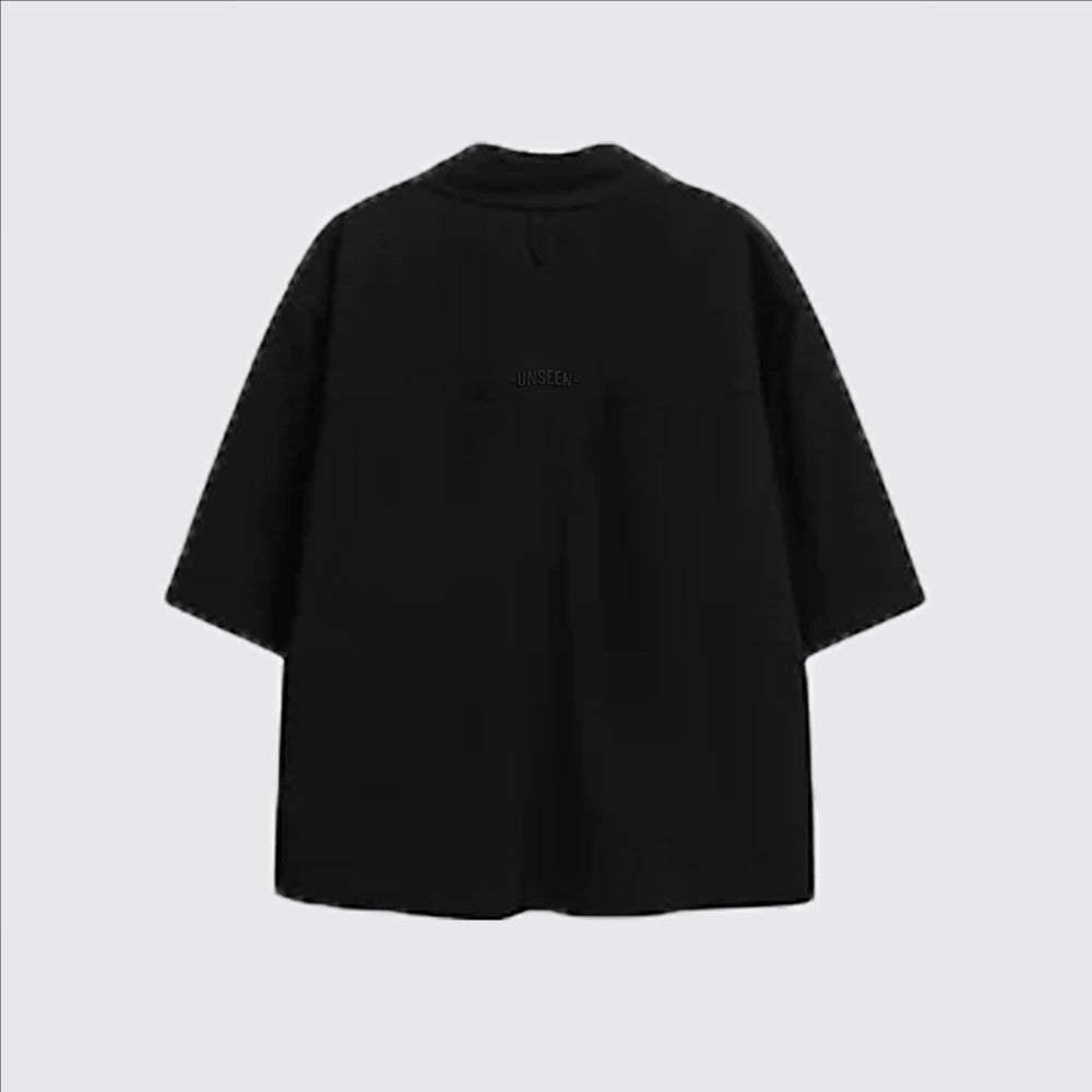 Back view of a black Urban Fashion & Streetwear | Craftklart cotton Cuban collar t-shirt with clean stitching.