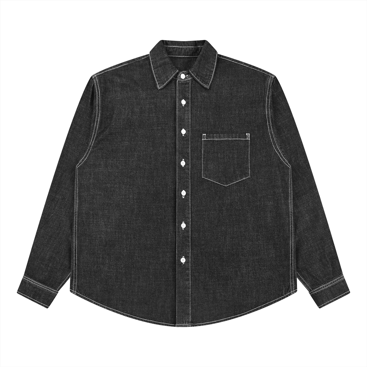 Urban Fashion & Streetwear | Craftklart unisex black denim shirt with white contrast stitching and a chest pocket.
