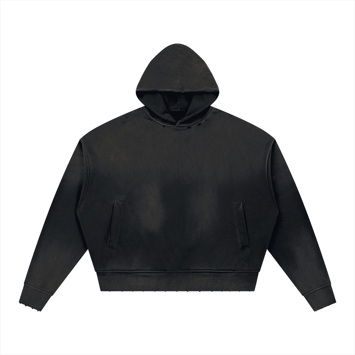 Urban Fashion & Streetwear | Craftklart black distressed boxy hoodie with drop shoulders and raw edge details.